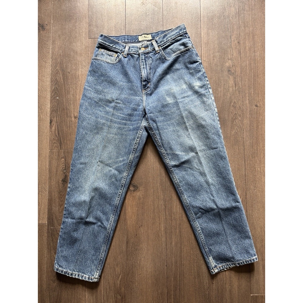 L.L. Bean Women's Tapered Leg Denim Jeans Size 12 Petite Short Mom Hi Rise Med